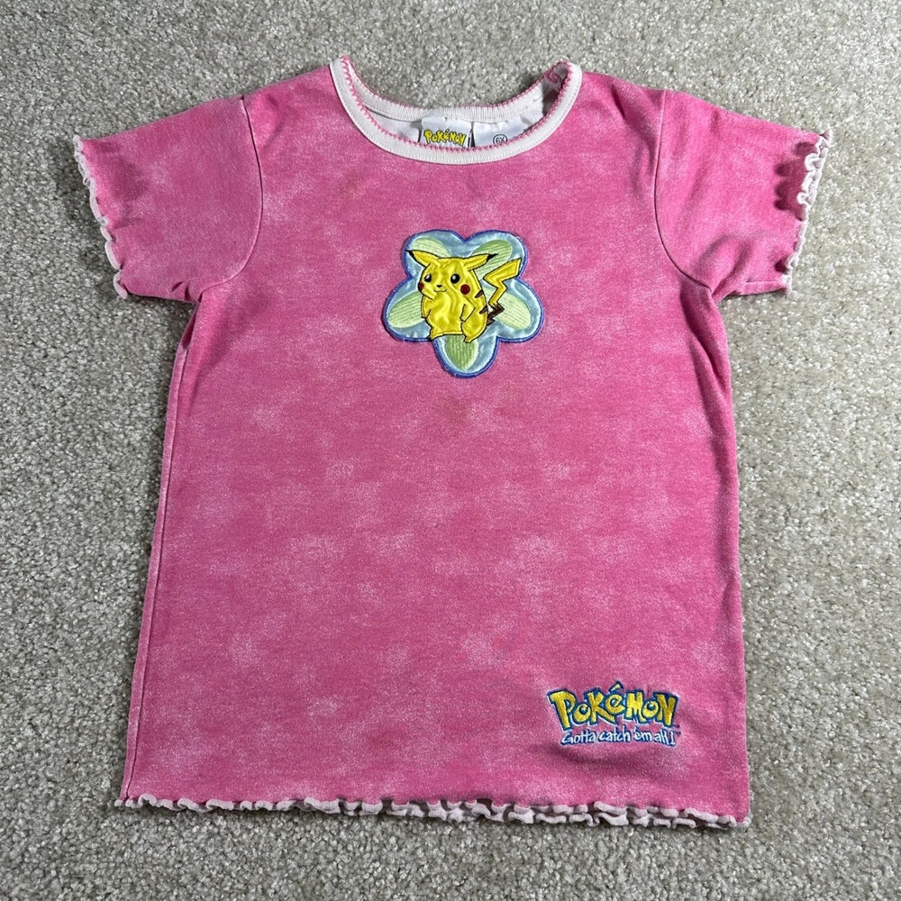 Vintage Pokemon Pikachu Pink Acid Wash Ruffle T-Shirt Kids 6X Nintendo 90s Y2K